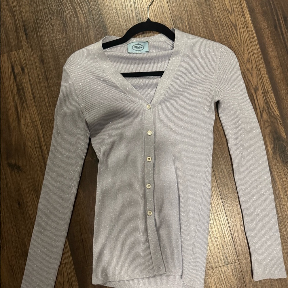 Prada Metallic Silk Blend Light Gray Button-Up Ribbed Cardigan sz IT 42 *flaw